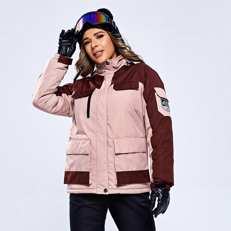 

Color-block Patched Flap Pocket Fleece Lined Waterproof Hooded Jacket, Dusty pink