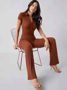 BizChic Button Front Rib-knit Solid Jumpsuit Workwear - Brown - View 1
