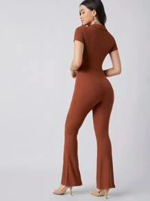 BizChic Button Front Rib-knit Solid Jumpsuit Workwear - Brown - View 2
