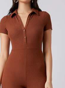 BizChic Button Front Rib-knit Solid Jumpsuit Workwear - Brown - View 4