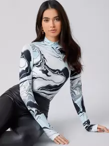 SHEIN Essnce Mock Neck Marble Print Top - Multicolor - View 1