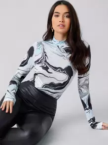 SHEIN Essnce Mock Neck Marble Print Top - Multicolor - View 4