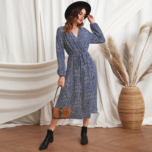 

Allover Print Wrap Belted A-line Dress, Navy blue