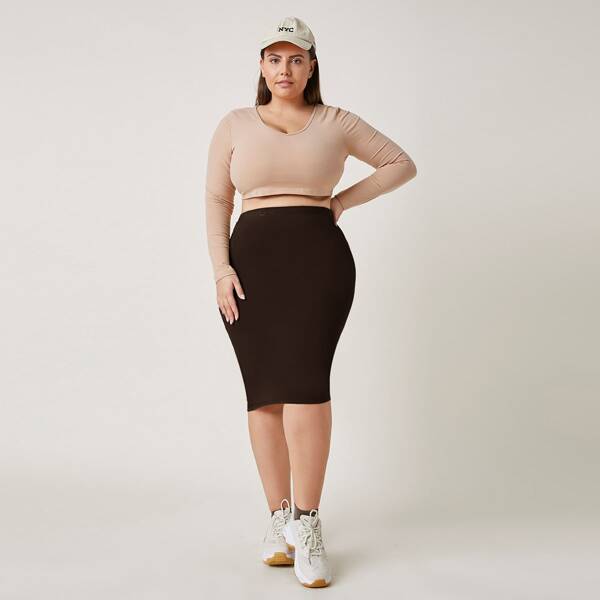 

Plus Solid Pencil Skirt, Chocolate brown