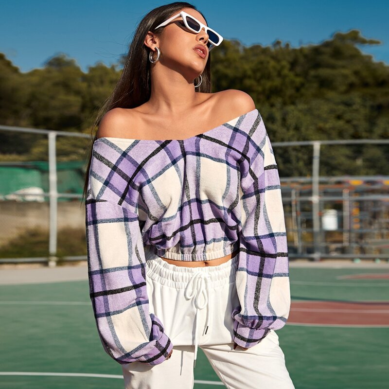 

Drop Shoulder Plaid Pullover, Multicolor