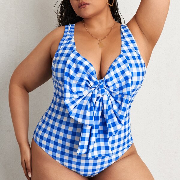 

Plus Gingham Bow Front One Piece Swimsuit, Blue and white