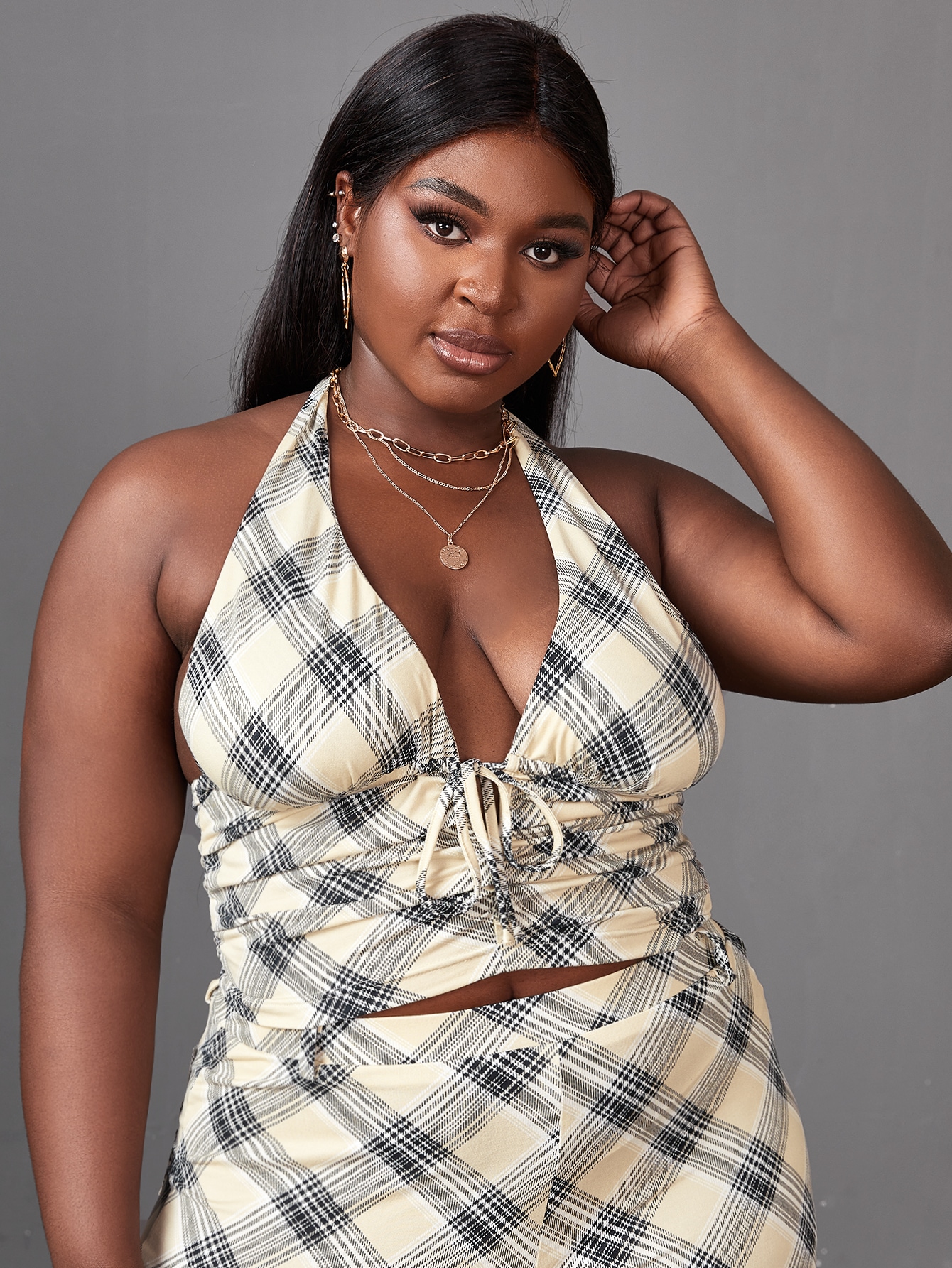 Plus Drawstring Plaid Halter Top thumbnail