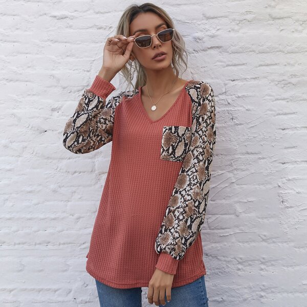 

Snakeskin Print Raglan Sleeve Waffle Knit Tee, Watermelon pink