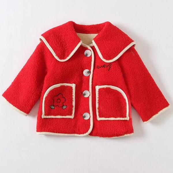 

Toddler Girls Peter Pan Collar Contrast Binding Teddy Coat, Red