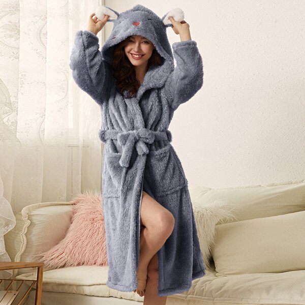 

Cartoon Embroidery 3D Ear Design Belted Hooded Teddy Robe, Dusty blue
