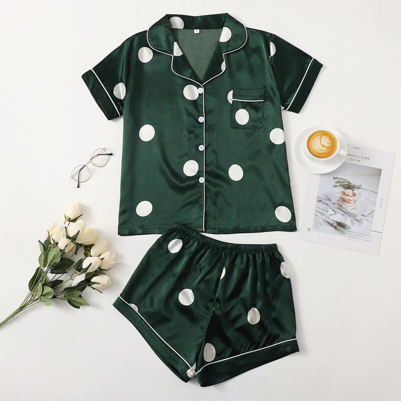 

Satin Polka Dot Night Set, Dark green
