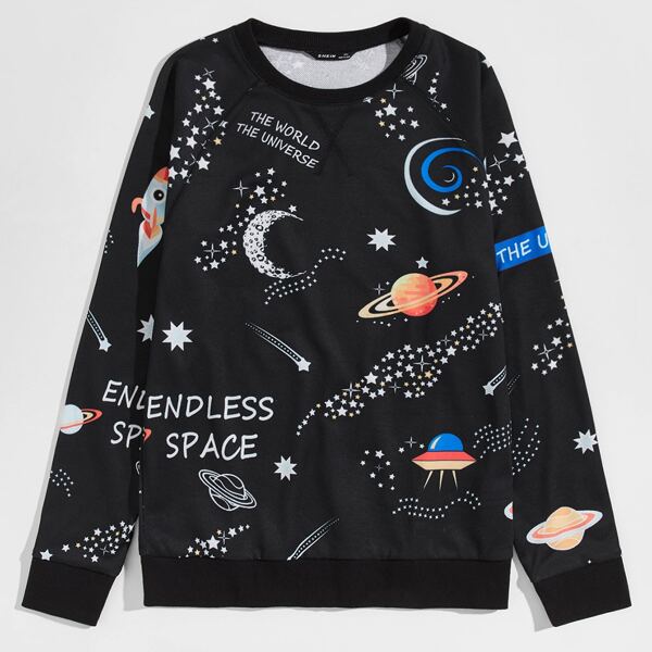 

Men Slogan & Galaxy Print Pullover, Black
