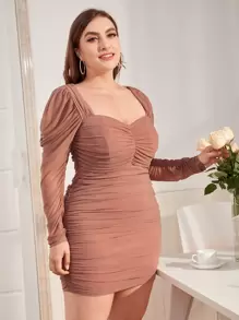 SHEIN Belle Plus Sweetheart Neck Ruched Detail Dress - Dusty Pink - View 1