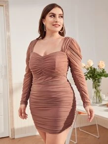 SHEIN Belle Plus Sweetheart Neck Ruched Detail Dress - Dusty Pink - View 3