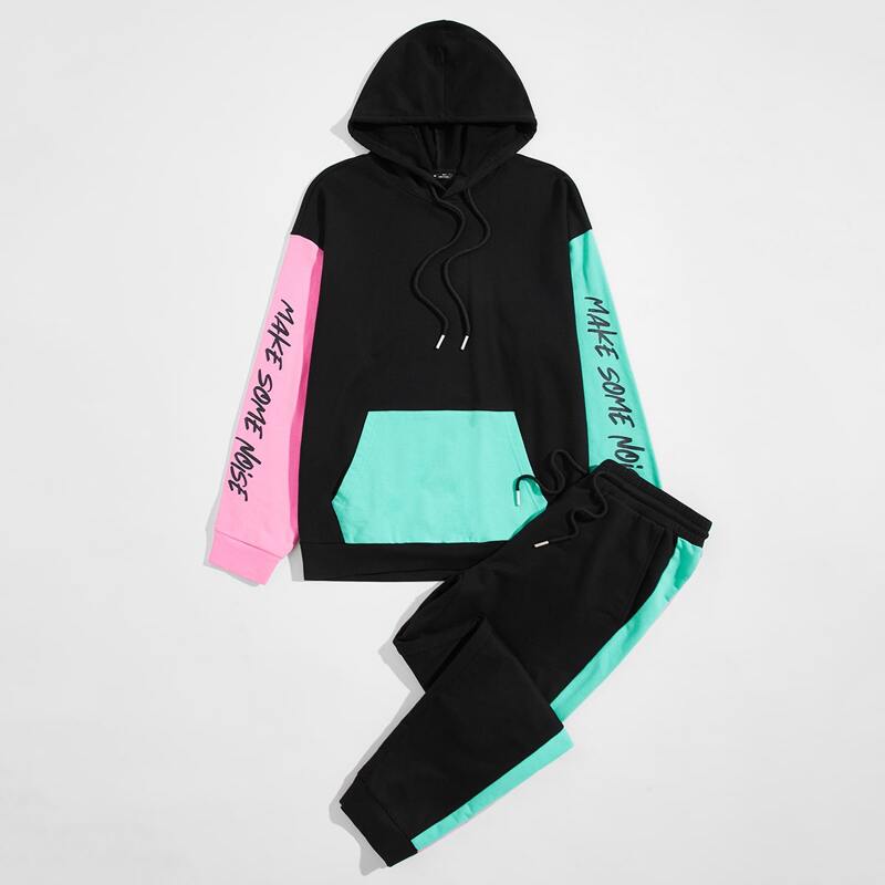 

Guys Colorblock Slogan Graphic Drawstring Hoodie & Sweatpants Set, Black
