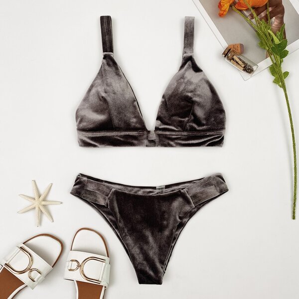 

Solid Velvet Bikini Swimsuit, Light grey