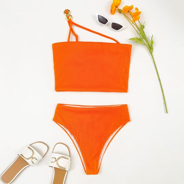 

Rib One Shoulder Bikini Swimsuit, Burnt orange