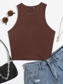 SHEIN EZwear Solid Crop Tank Top - Coffee Brown - View 1