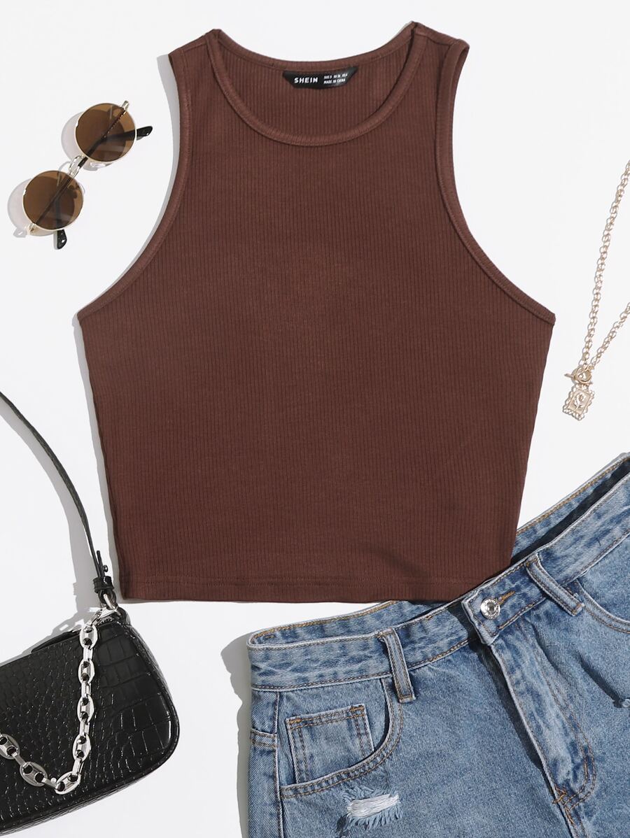 SHEIN EZwear Solid Crop Tank Top - Coffee Brown - View 1