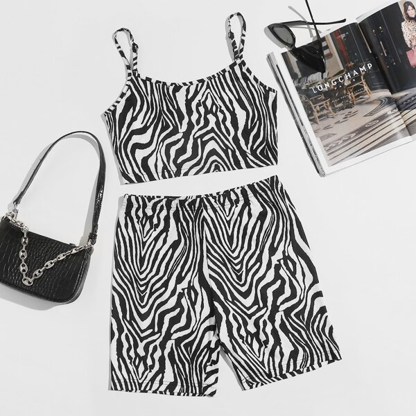 

Zebra Stripe Crop Cami Top & Biker Shorts Set, Black and white