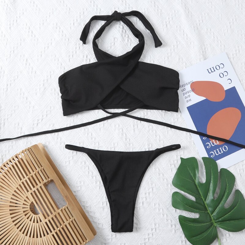 

Cross Halter Thong Bikini Swimsuit, Black