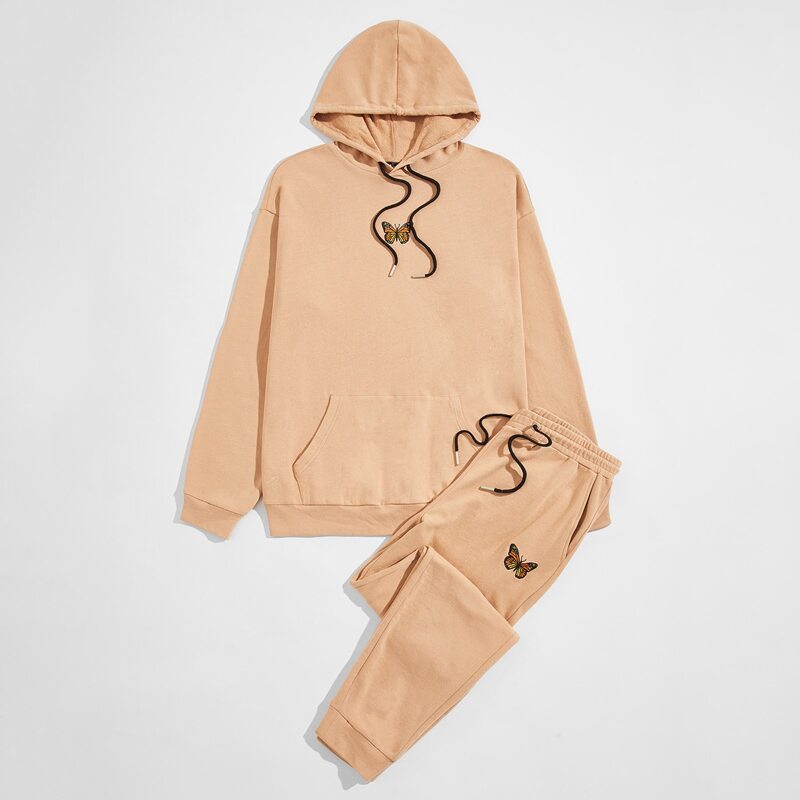 

Guys Butterfly Embroidery Drawstring Hoodie & Sweatpants Set, Apricot