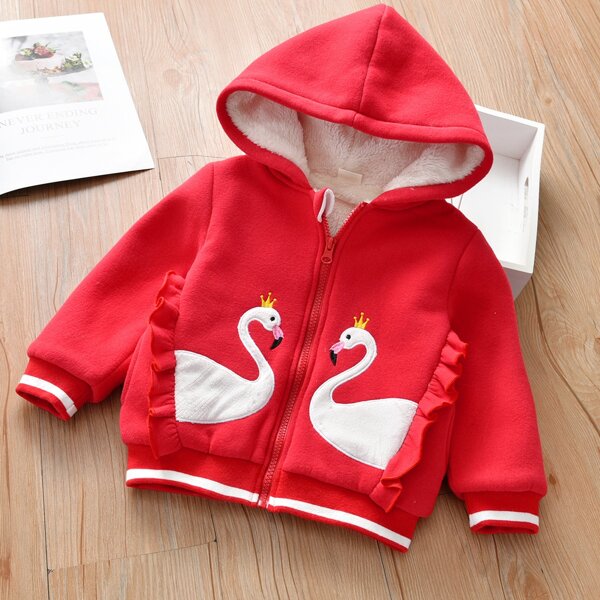 

Toddler Girls Swan Embroidery Ruffle Teddy Lined Jacket, Red