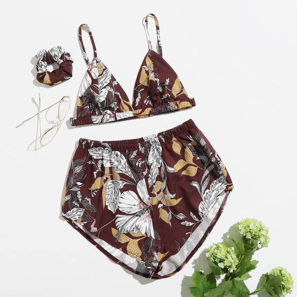 

3pcs Plants Print Cami Night Set, Multicolor