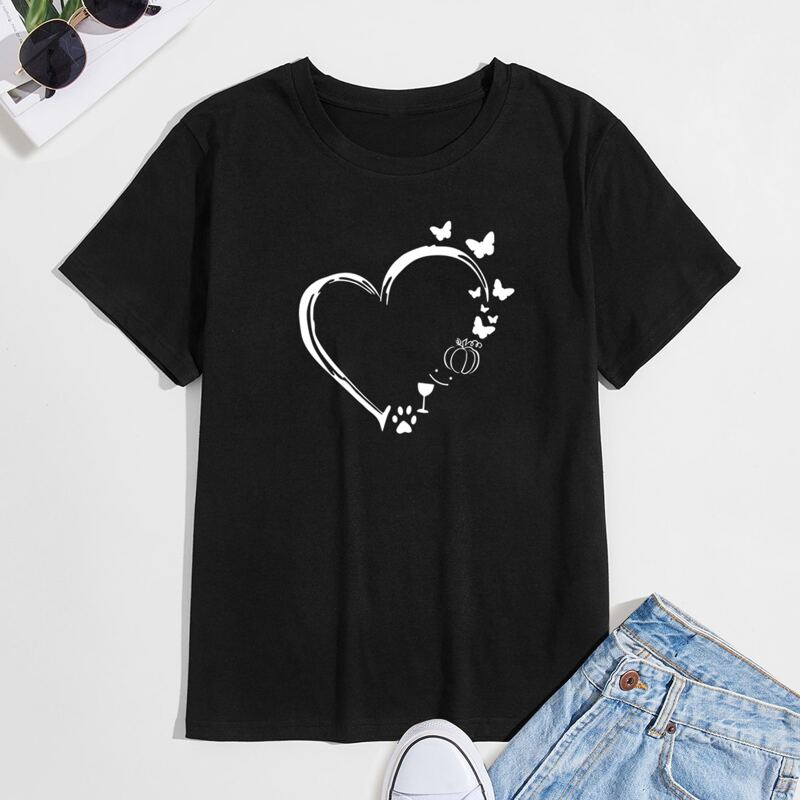 

Men Heart And Butterfly Print Tee, Black