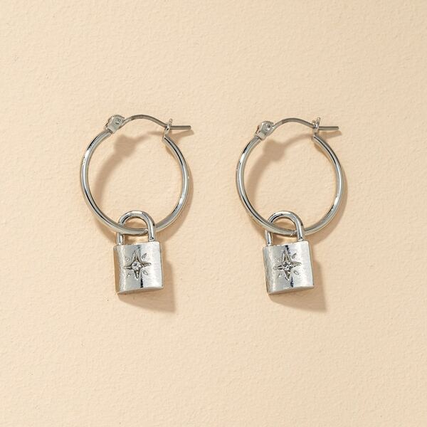 

Rhinestone Decor Lock Charm Drop Earrings, Silver