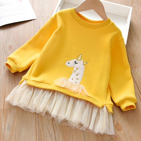 

Toddler Girls Cartoon Embroidery Mesh Hem Sweatshirt, Yellow