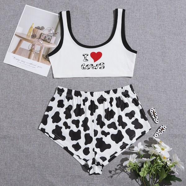 

Cow And Letter Graphic Pajama Set, Black and white
