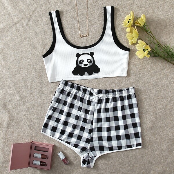 

Panda & Plaid Print Bow Pajama Set, Black and white