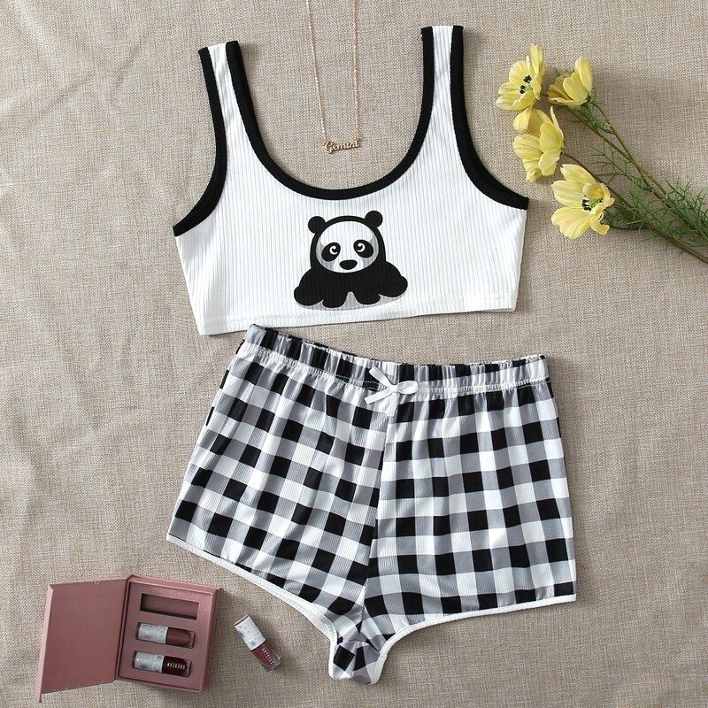 

Panda & Plaid Print Bow Pajama Set, Black and white