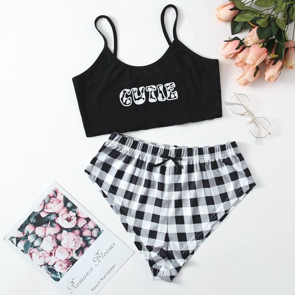 

Letter Graphic Cami Top With Gingham Shorts PJ Set, Black and white