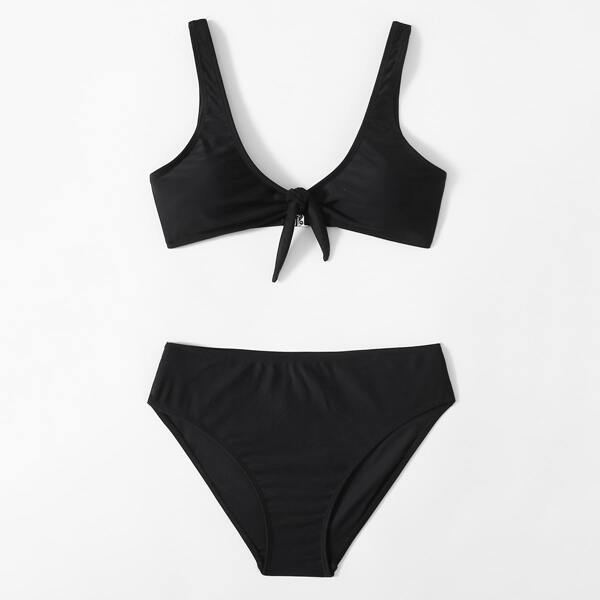 

Solid Tie Front Bikini Swimsuit, Black