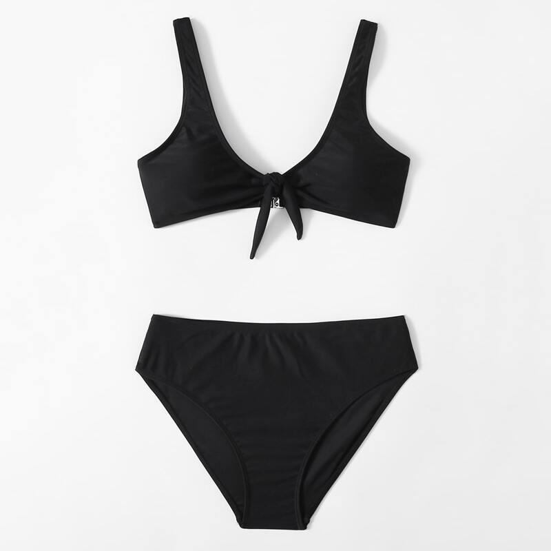 

Solid Tie Front Bikini Swimsuit, Black