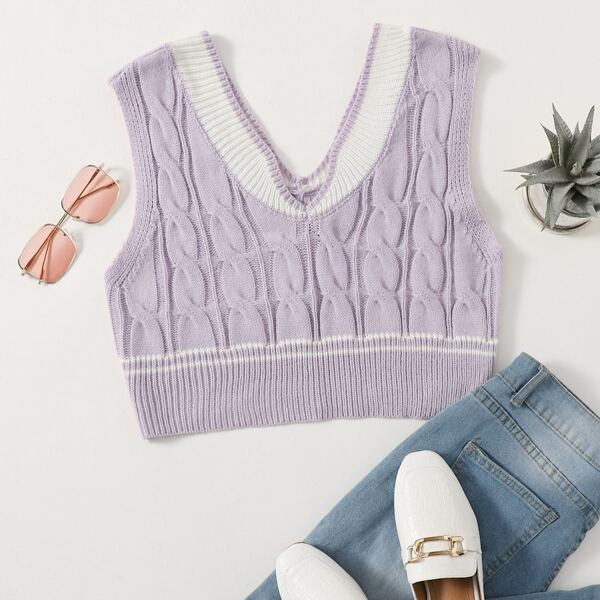 

Colorblock Cable Knit Top, Lilac purple