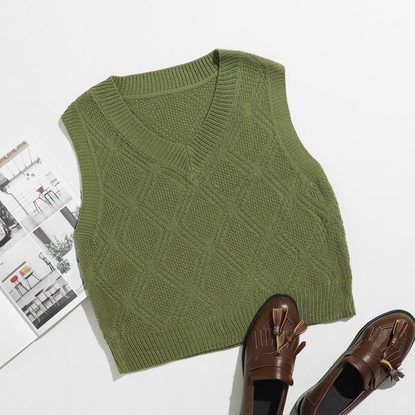 

V Neck Solid Sweater Vest, Olive green