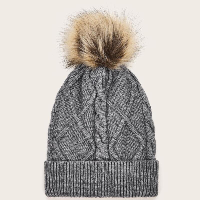 

Cable Knit Pom Pom Beanie, Grey