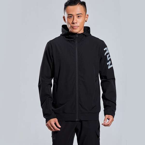 

Men Letter Graphic Hooded Sports Jacket, Black
