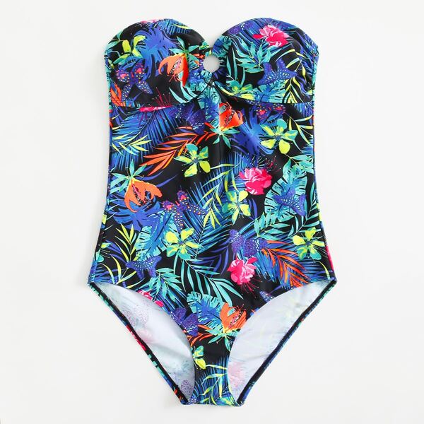 

Floral & Tropical Bandeau One Piece Swimsuit, Multicolor