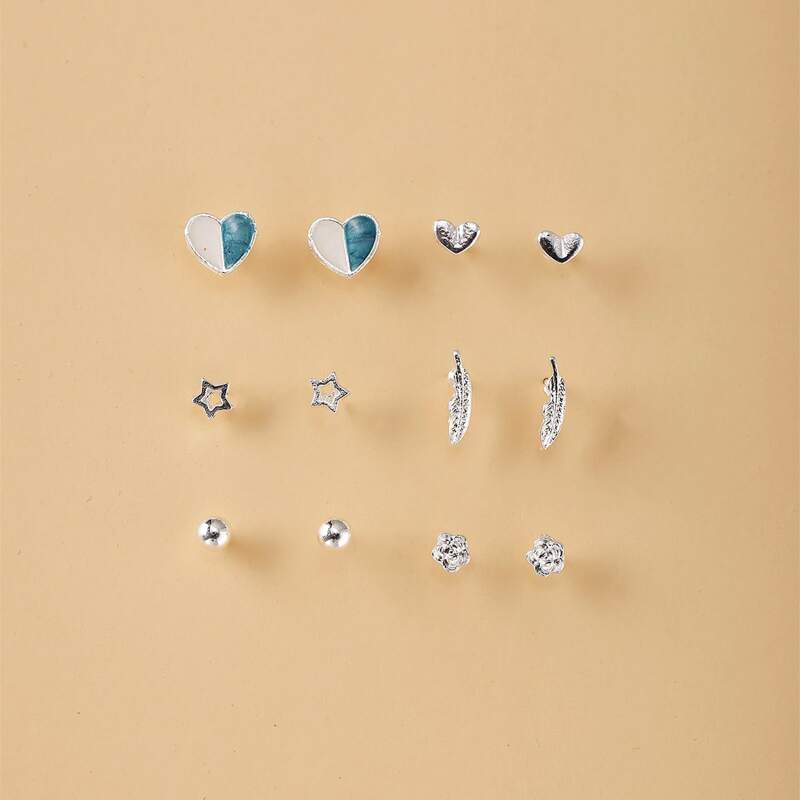 

6pairs Heart & Leaf Design Stud Earrings, Silver
