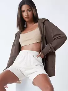 SHEIN BASICS Terry Fleece 100% Cotton Zip Up Pouch Pocket Drawstring Hoodie - Mocha Brown - View 1