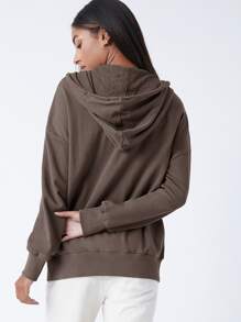 SHEIN BASICS Terry Fleece 100% Cotton Zip Up Pouch Pocket Drawstring Hoodie - Mocha Brown - View 2