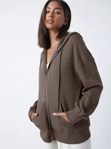 SHEIN BASICS Terry Fleece 100% Cotton Zip Up Pouch Pocket Drawstring Hoodie - Mocha Brown - View 4