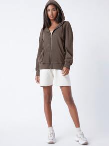 SHEIN BASICS Terry Fleece 100% Cotton Zip Up Pouch Pocket Drawstring Hoodie - Mocha Brown - View 5