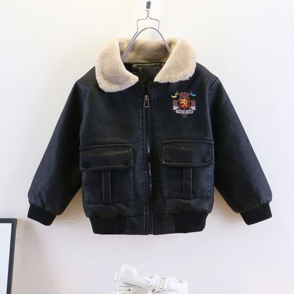 

Toddler Boys Letter Embroidery Borg Collar PU Jacket, Black