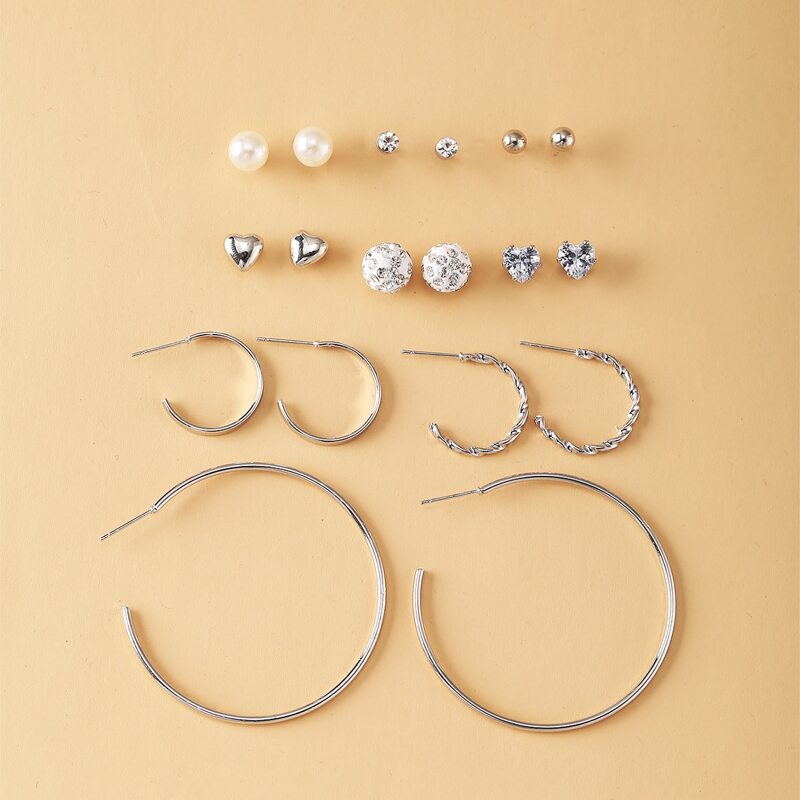 

9pairs Rhinestone & Heart Design Earrings, Silver