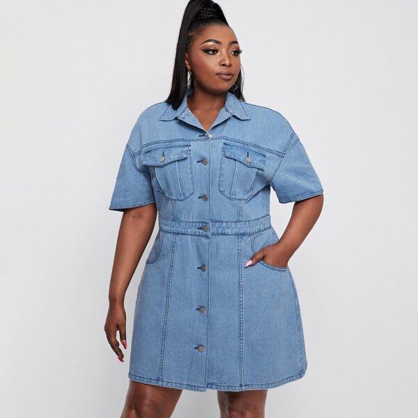

Plus Drop Shoulder Flap Pocket Denim Shirt Dress, Light wash